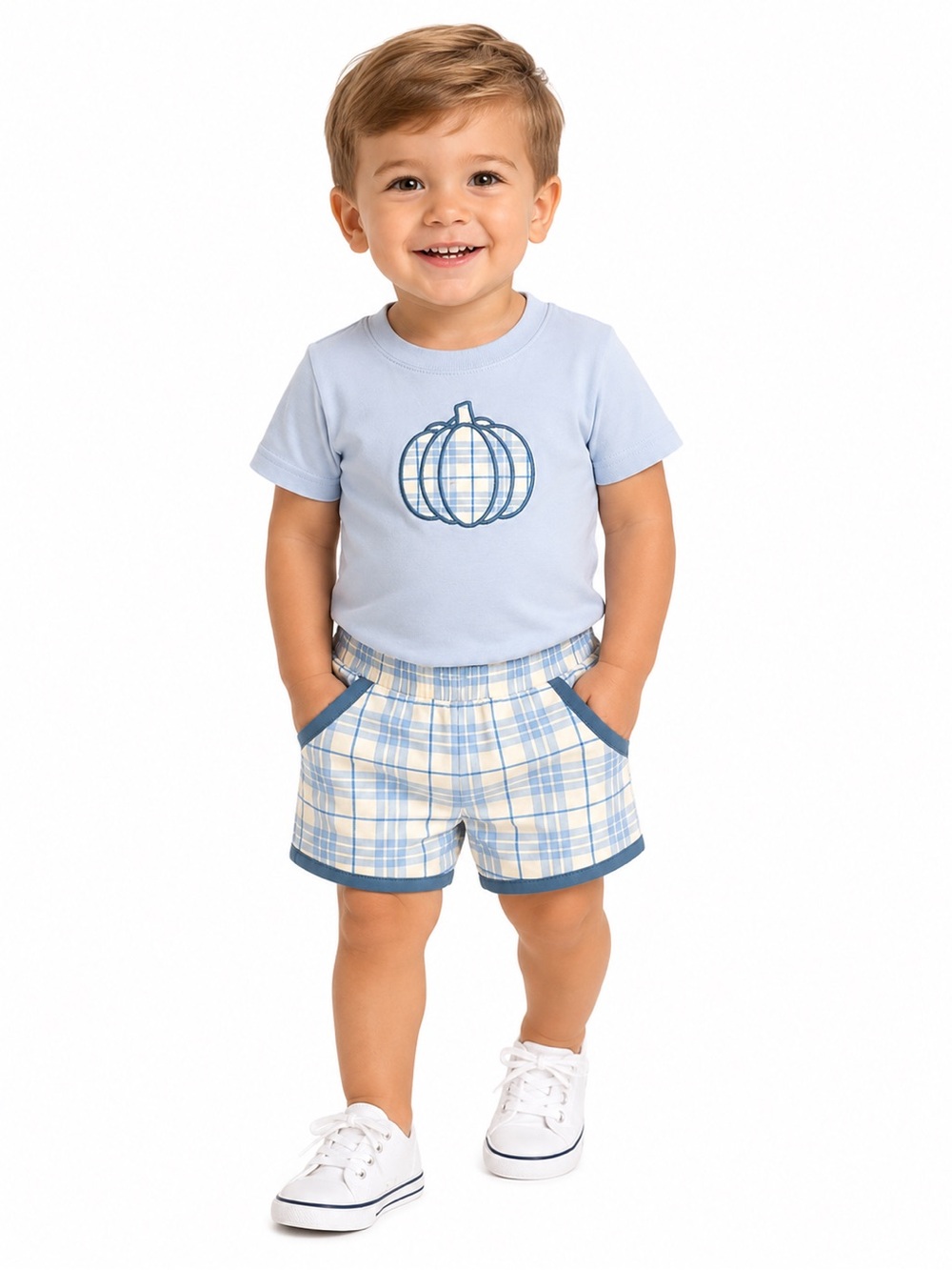 Toddler Light Blue Plaid Matching Shorts Set - Classic Summer Style